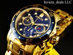 Invicta Men’s 48mm Pro Diver SCUBA Chronograph Blue Dial 18K Gold Plated SS Watc