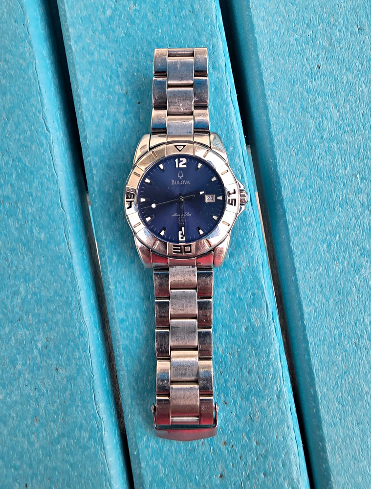 Bulova Marine Star Sporty Quartz Date Watch Blue Dial Silver SS Bracelet