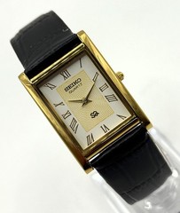Vintage Refurbished Seiko Rectangular White Dial Black Faux Leather Strap