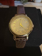 FMD Diamond Quartz Analog Wristwatch Gold Tone Dial Hirsch Lizard Leather Strap