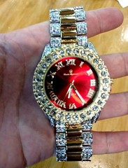 Gold Silver Iced Watch Bling Rapper Simulate Diamond Metal Band Luxury Cubic RED