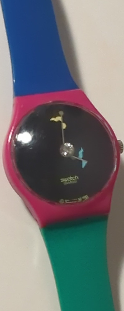 Swatch Originals Quartz Wristwatch Pink Case Blue Green Band Black Dial