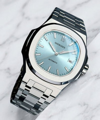 Mens Classic Luxury Watch Analog Tiffany Blue Dial Silver Bracelet Wristwatch