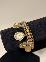 Anne Klein Vintage Style Gold Plated Large 9 Charms Bracelet Oval ladies Watch