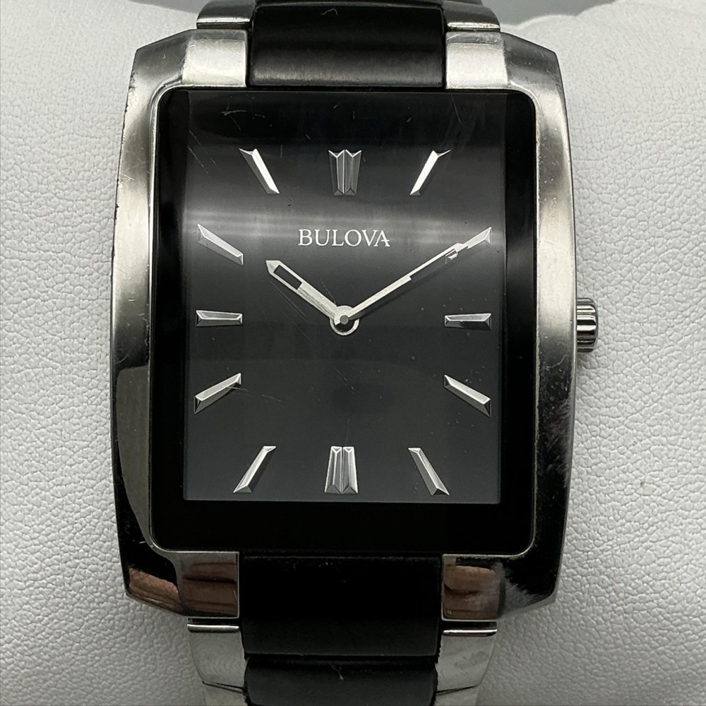 Bulova Mens Watch 35mm Black Dial Rectangular Stainless 98A117 New Battery 8.75″