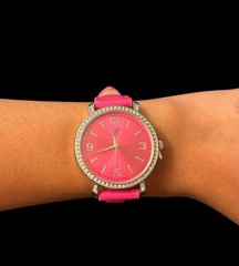 Vtg Burgi Wristwatch Pink Leather Rhinestone Water Resistant In Pouch READ