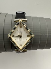 Futura Gold Tone Bling Bezel 32mm Diamond Shape Womens Watch White Dial Blk Band