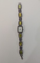 Geneva Ladies Quartz Watch Rectangular Case Green Stone Link Bracelet