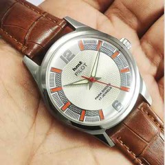 HMT Pilot Pearl Dial 17 Jewels Mechanical Handwinding Skeleton Back Wrist Watch