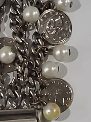 Jalga Charm Bracelet Watch Silver Tone Coins & White Pearls Japan Hong Kong Dial
