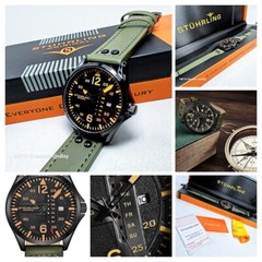 Stuhrling Aeronaut Men’s Watch Green Black Japan Quartz Leather 3916 Aviator NWT