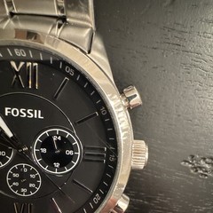Fossil Men’s Black Dial Chronograph Quartz Watch, Silver Steel Bracelet 50m