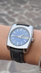 Edox Electronic 38mm Steel Big Size 1966 Swiss Made Day-Date Blue Dial