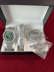 Hip Hop Simulated Diamond Luxury Watch & Iced Cuban Chain Necklace Bracelet set