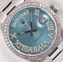 Rolex Day-Date 36mm President 18239 18K White Gold Diamond Bezel Ice Blue Roman