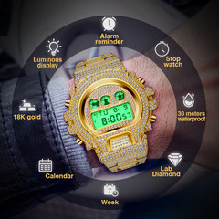 18K Gold IPS Plated LED Digital Hip Hop Bling Ice out Mens Watch Iced Cz Diamond