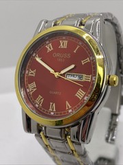 Mens Red Dial Silver Gold Watch Works New Battery
