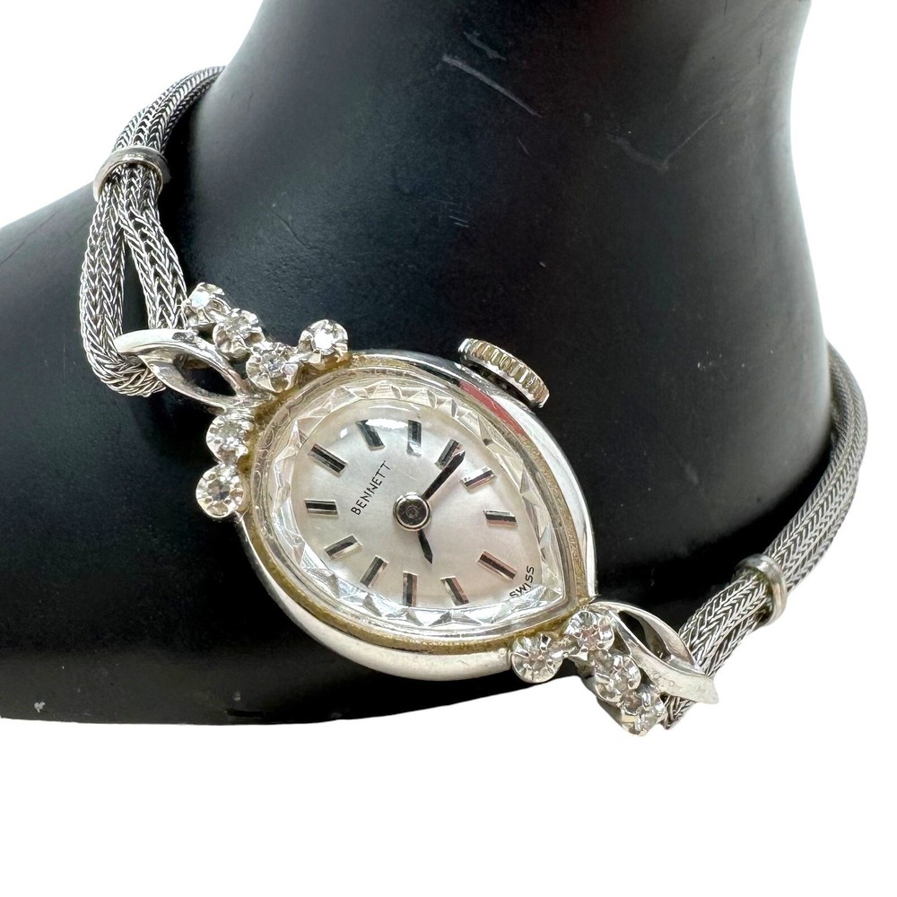 Vtg Bennett 14K White Gold Diamonds Ladies Wrist Watch Swiss Speidel Strap