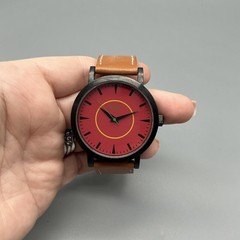 Taki Mens Watch 41mm Red Dial Brown Leather Strap Black Case New Battery