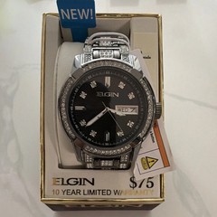 Elgin Men’s Gunmetal Watch FG180021 Black Dial Day Date NIB Free Shipping