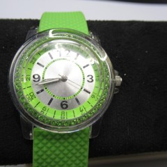 Neon Green Rubber Band Wristwatch Clear Case Silver Dial Japan Movt Fun Watch