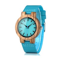 Mens Women’s Bamboo Wooden Watch with Blue Cowhide Leather Strap Casual Watch…