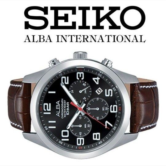 Seiko Overseas Model ALBA Chronograph Watch 10BAR Brown Leather Band Black