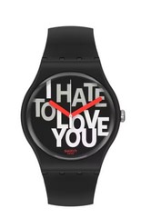 Rare Swiss Swatch Originals Hate 2 Love Black Silicone Watch 41mm SUOB185