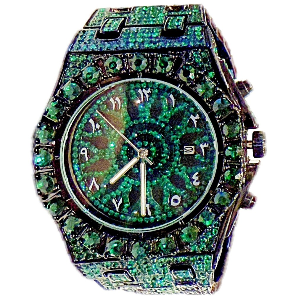 Men’s Green Ice Chunky Hip Hop Watch CZ Iced Bling Out Arabic Numerals 8.5″