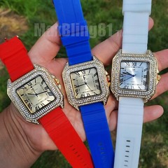 Gold Plated Alloy Cubic Zirconia Analog Square Desiner style Silicone Band watch
