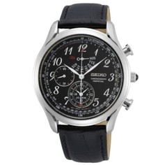 SEIKO SPC255P1 Chronograph Perpetual Quartz Watch BlackTachymeter Alarm Leather