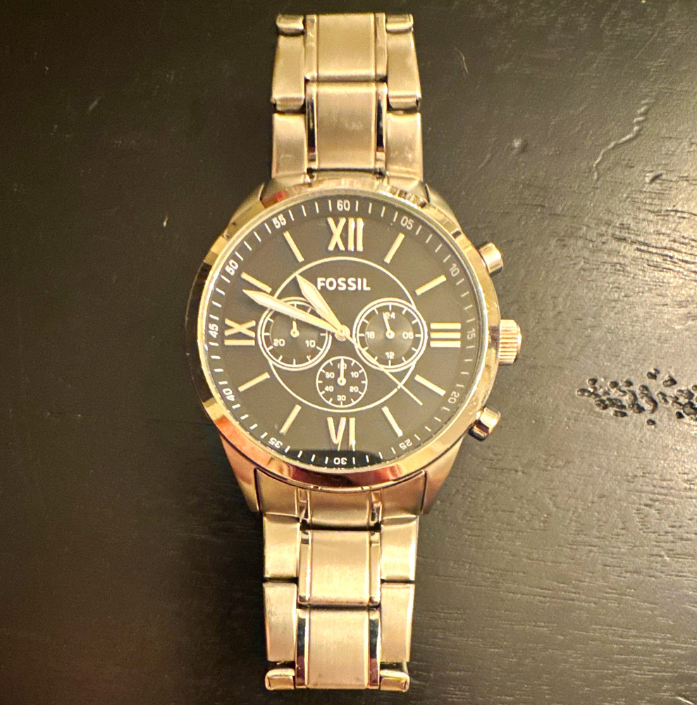 Fossil Men’s Black Dial Chronograph Quartz Watch, Silver Steel Bracelet 50m