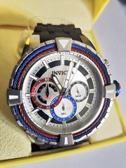 Invicta 49mm Bolt Chronograph Red, Blue, Silver Dial Black/Red Silicone Band