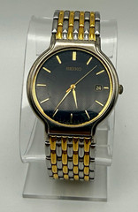 Seiko Analog Black Dial Date Two-Tone Gold/Silver Metal Bracelet Dress Watch