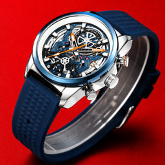 Mens 44mm Skeleton Silicone Band Quartz Blue Dial Strap Orange Hands Watch Megir