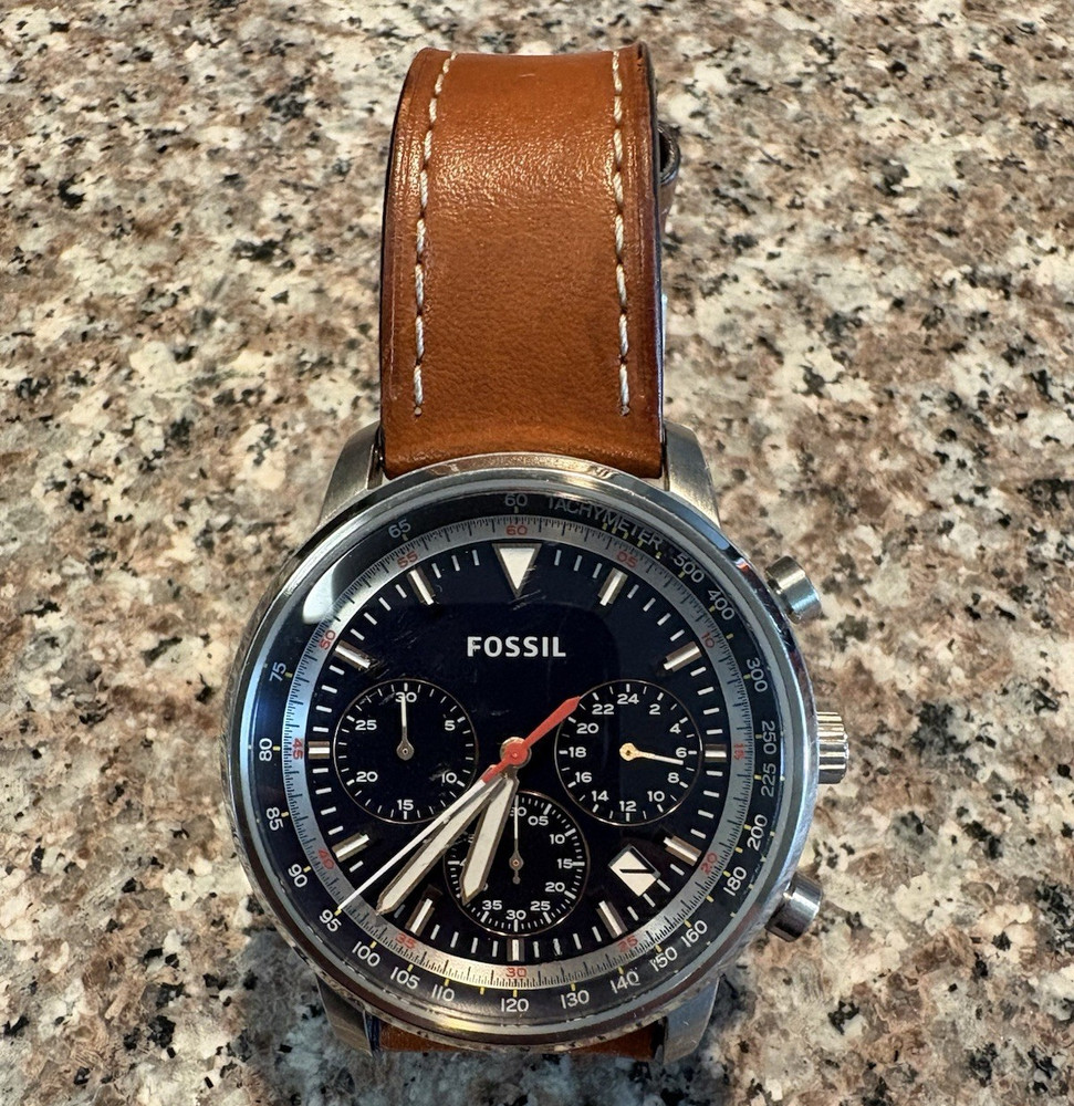 Fossil Men’s Quartz Chronograph Tachymeter Watch Black Dial Brown Leather Strap