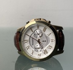 Fossil Grant Chronograph Gold Watch White Bezel Brown Croc Gator Leather Strap
