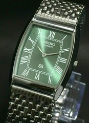 Vintage Seiko Slim Barrel Quartz Men Green Face Dress Watch-Free Shipping