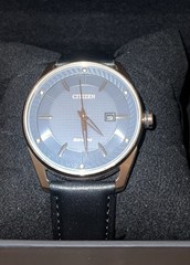 Citizen Eco-Drive Quartz Gray Textured Dial Gold Case Black Leather Date Watch