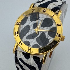 VTG Ronica Quartz Watch Unisex Gold Tone Cow Pattern Leather Analog New Battery