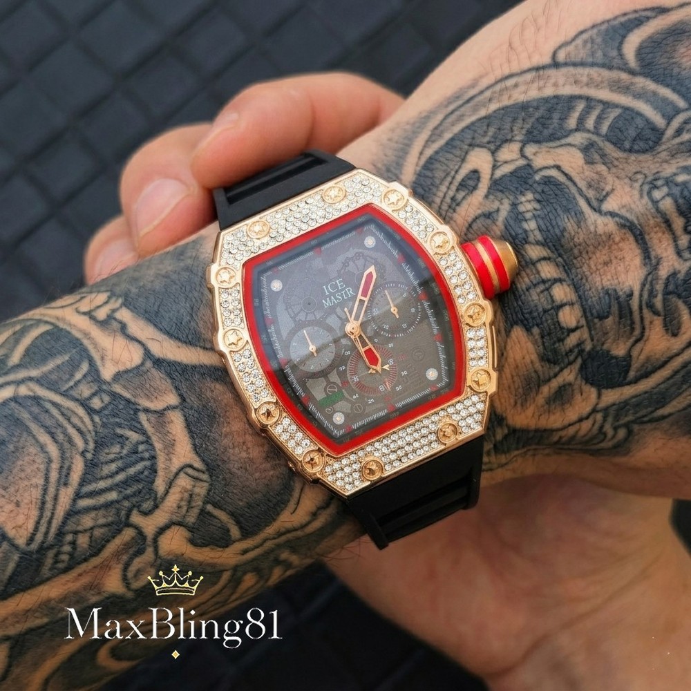 Iced Watch Rose Gold Bling Rapper Stylish Simulate Diamond Silicone Band Luxury