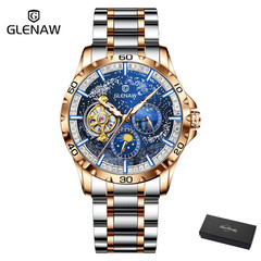 GLENAW Men’s automatic mechanical watch skeleton tourbillon date luxury luminous