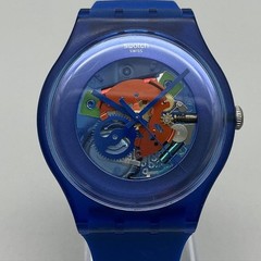 Swatch Lacquered Mens Watch 40mm Blue Skeleton Dial Blue Silicone New Battery