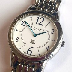 CELINE Men’s Waterproof Quartz Watch Blue Dial Macadam SS Leather Band Used
