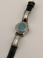 NOS Ecclissi 23110 Sterling Silver Watch Turquoise Dial Black Leather Stitching