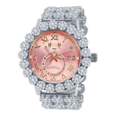 Genuine Diamond Pink Roman Face White Gold Tone Custom Band Dial Ice House Watch