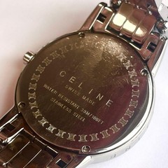 CELINE Men’s Waterproof Quartz Watch Blue Dial Macadam SS Leather Band Used