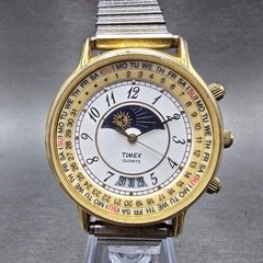 Timex Sun&Moon Watch Men 37mm White Dial Gold Tone Daydate Round New Battery VTG