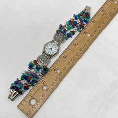 Women’s Gemstone Watch Silver Tone Amethyst Jasper Southwest New Battery 7.25″