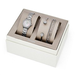 NEW FOSSIL 3 PC SET SILVER TONE,CRYSTAL,WHITE MOP,2 BRACELET & WATCH-BQ3149SET